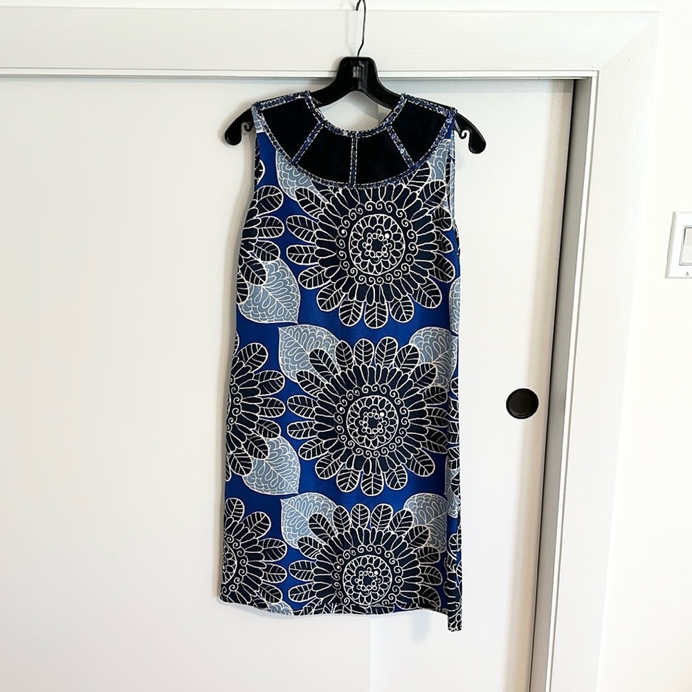 Tory Burch Silk Floral Print Dress with Beaded Sequin Neck Detail